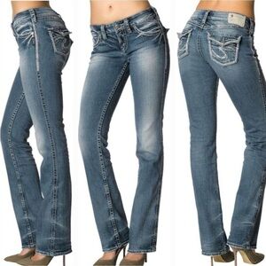 Silver Suki Flap 17" Thick Shimmer Stitch Light Wash Jeans Size 25 x 32